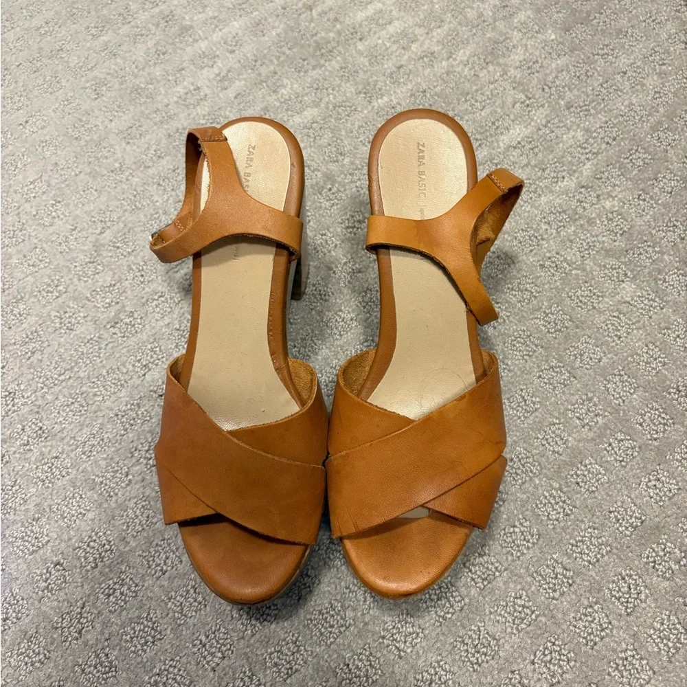Zara vintage wooden platform leather tan sandals - Picture 9 of 15